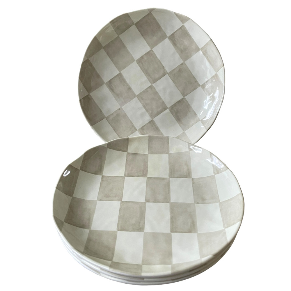 Taupe & Cream Checkered Melamine Appetizer Plates 6in Set of 4 New